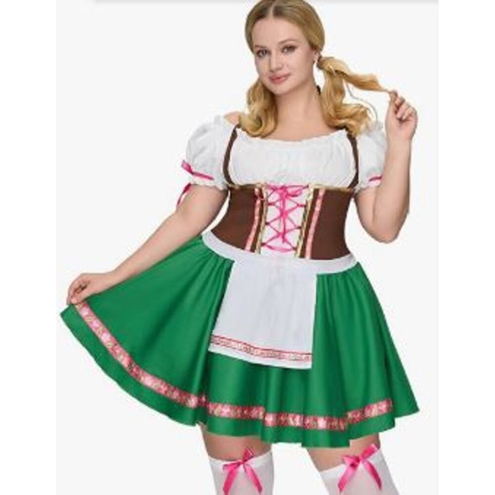 Leg Avenue Plus 3X/4X Off The Shoulder Dress Green White Oktoberfest Colorful